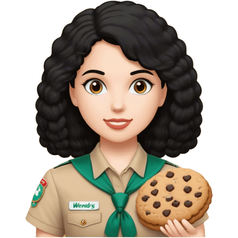 white girl scout selling cookie at Wendy’s big black hair and Wendy’s logo emoji