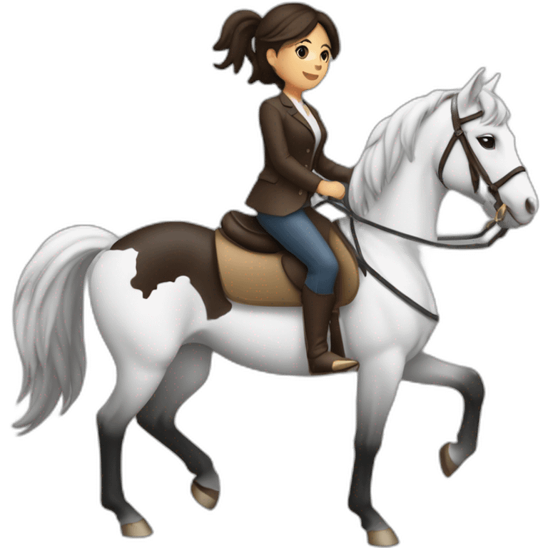 Fille brune sur un cheval noir et blanc emoji