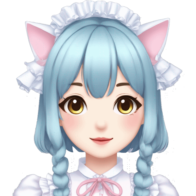 Gorgeous anime style catgirl with blushing face with maid outfit laces gothic Lolita idol model kawaiicore pastelcore cottagecore pearly petite simplistic aesthetic trending style emoji