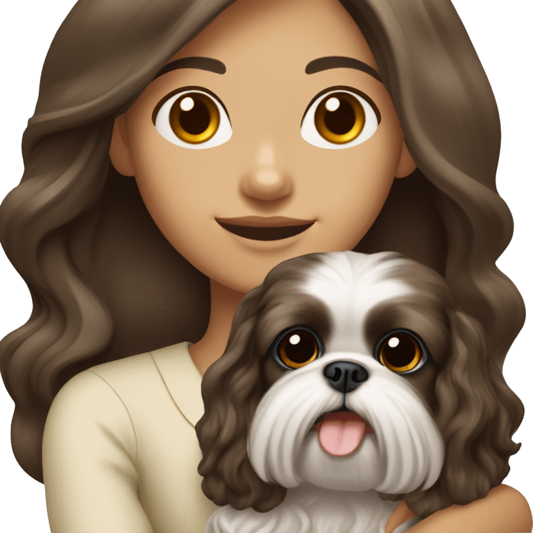 Young dark brunette medium kin hair woman with a cream shih tzu in her arms long wavy hair emoji