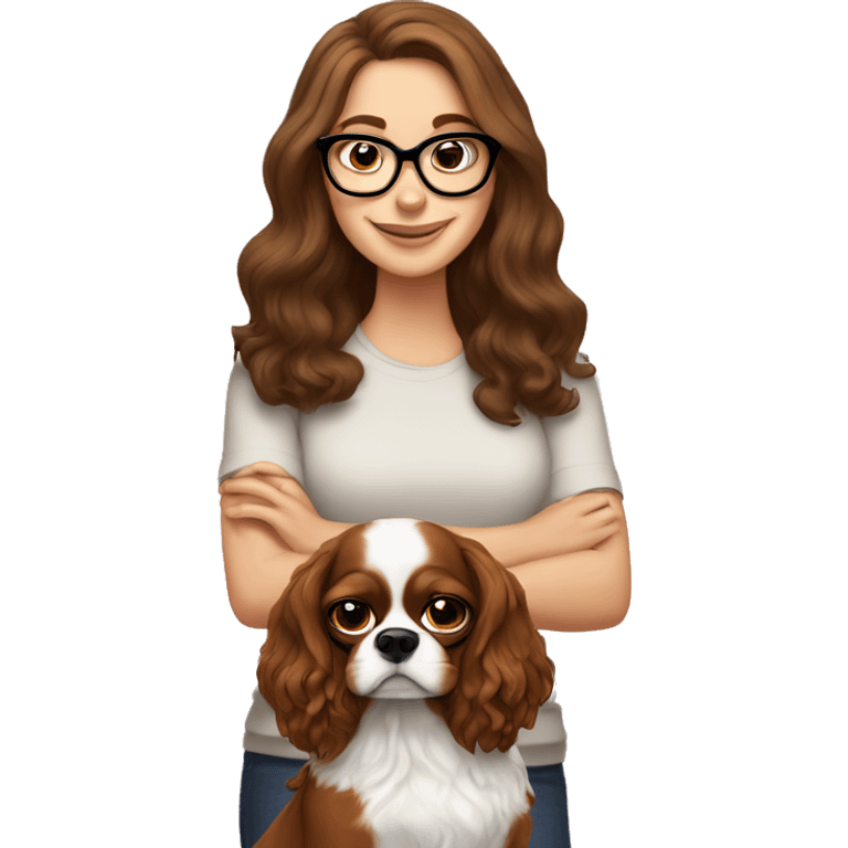 White girl with brown hair wearing glasses holds a king charles spaniel dog emoji