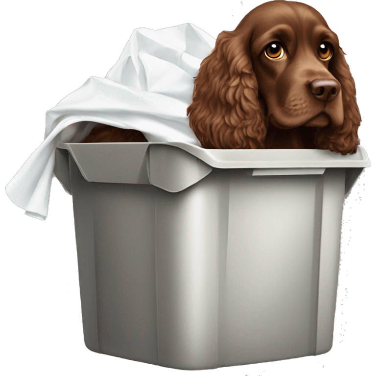 Brown cocker spaniel with white bib raiding the bin emoji