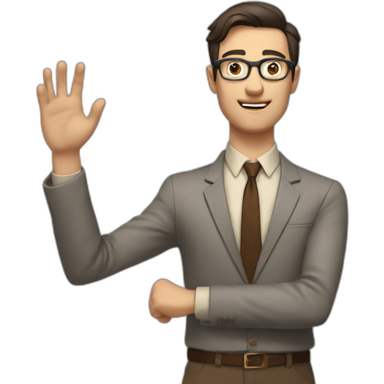 To belt Actively gesturing with hands Okay Pale skinned fit man with dark brown hair in gray jacket, beige office shirt, brown tie, brown pants and vintage glasses. emoji