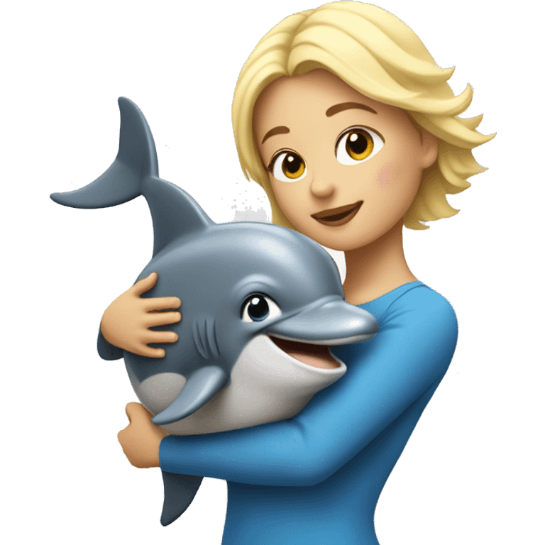 blonde woman with short hair hugs a Dolphin emoji