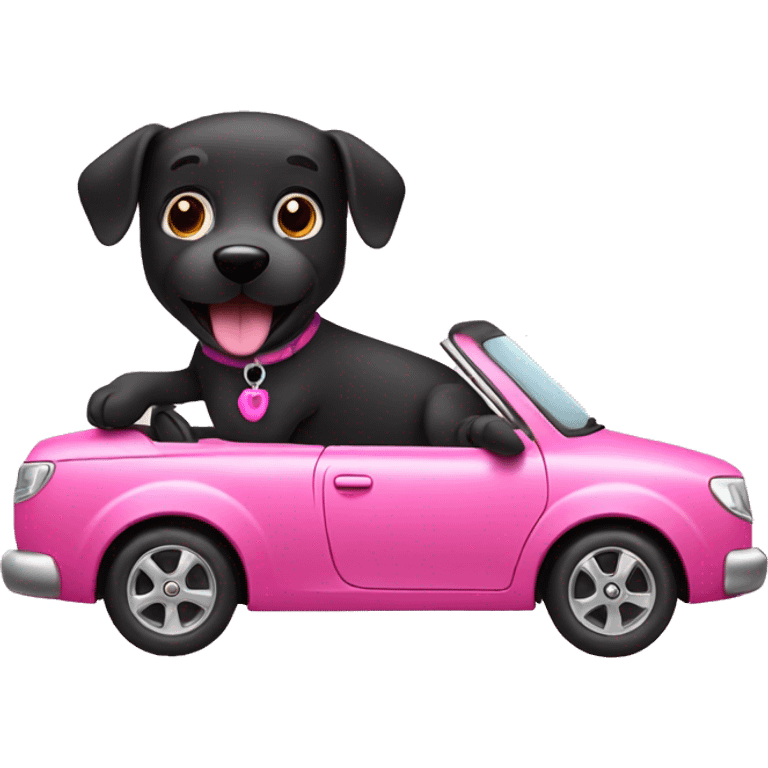 Black dog riding in a pink car emoji