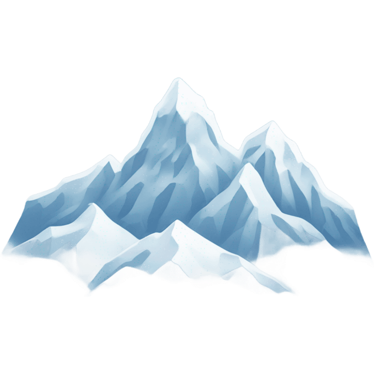 Create an emoji featuring snowy mountain peaks under a clear blue sky. Add a few snowflakes falling and soft white clouds. Use cool tones like white, light blue, and gray for a crisp, wintery aesthetic emoji