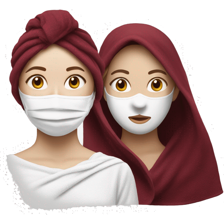 realistic white-skinned girl with a burgundy towel on her head and a white mask on her face emoji