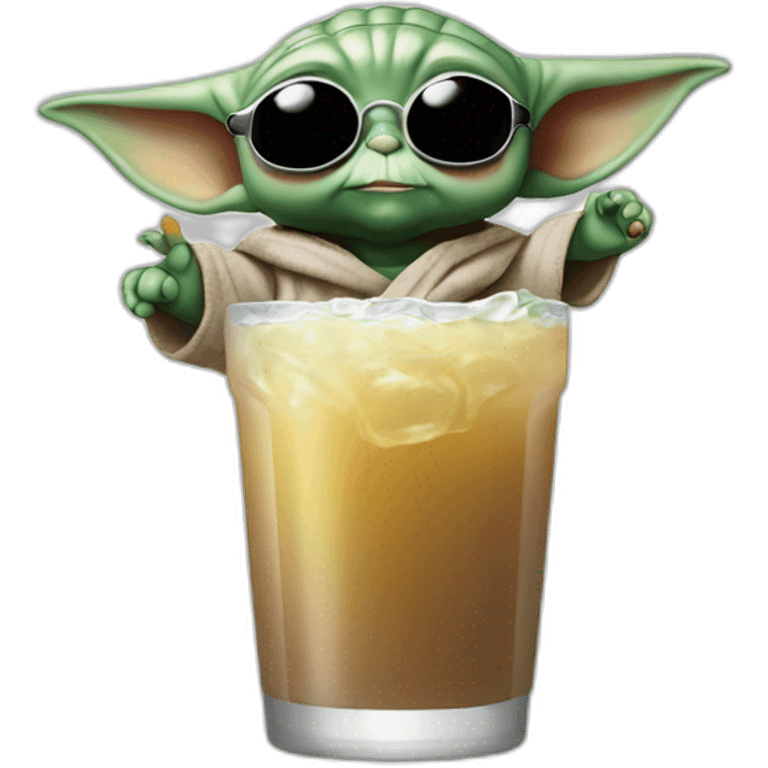 baby Yoda wearing sunglasses drink in hand and fist in the air emoji