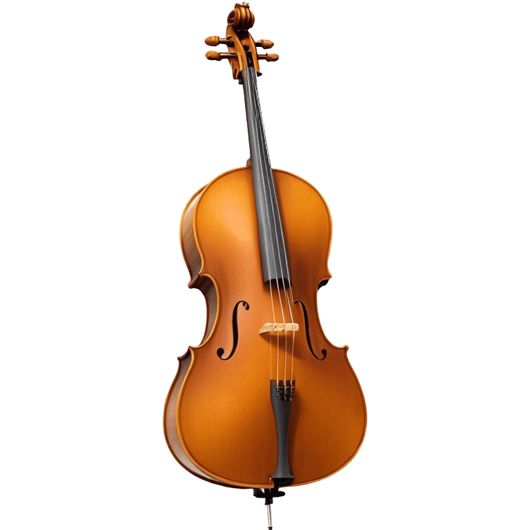 Create a refined and detailed emoji representing a Cremona 4/3F 4/4 cello with a bow. The design should feature the smooth, polished wooden body of the cello with a deep, rich tone color. The strings and tuning pegs should be visible, emphasizing the instrument's fine craftsmanship. Add a delicate bow placed gently across the strings, with intricate detailing on the hair and frog. Include subtle musical notes around the cello to evoke the graceful, classical sound. Use warm wood tones and accents like gold and silver for a professional, elegant look. The background should be transparent. emoji