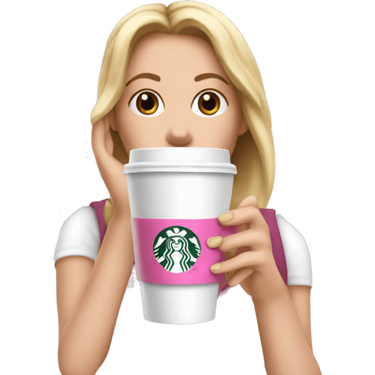 white female hand with pink nails clutching white iced star bucks coffee emoji