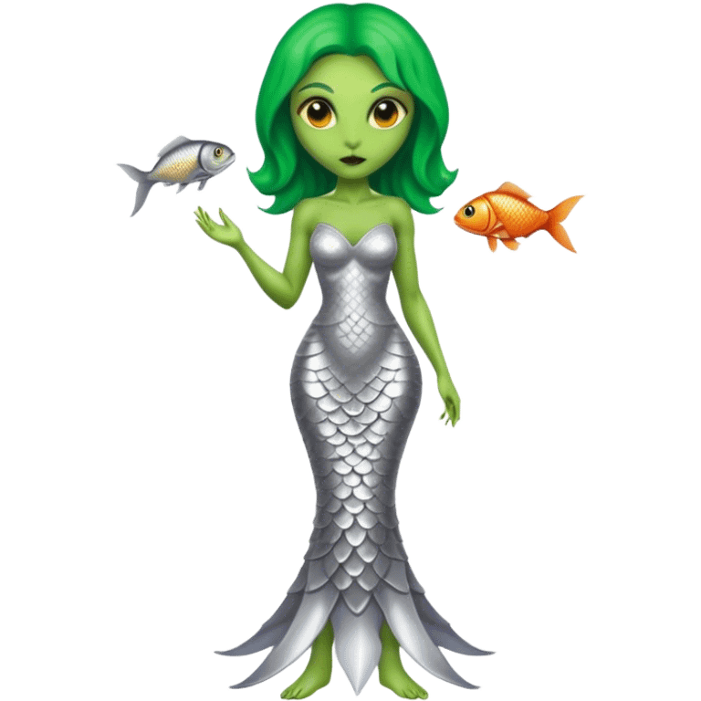 Green Alien woman with fish scales in silver dress, full figure, yellow eyes emoji