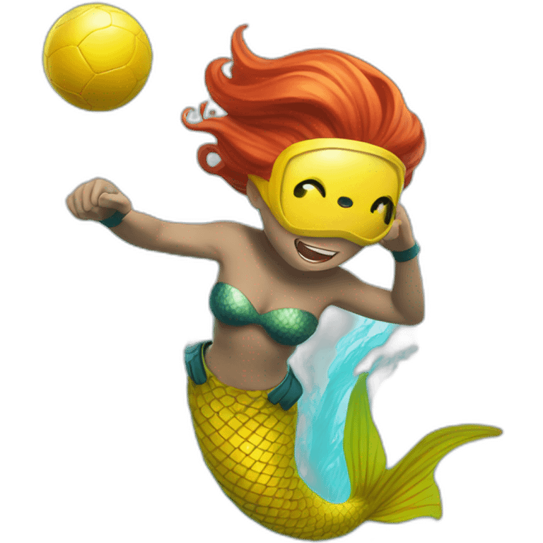 Underwater man redhead mermaid swimming with fins, snorkel equipement, holding a small yellow ball, looking strong and fighting emoji