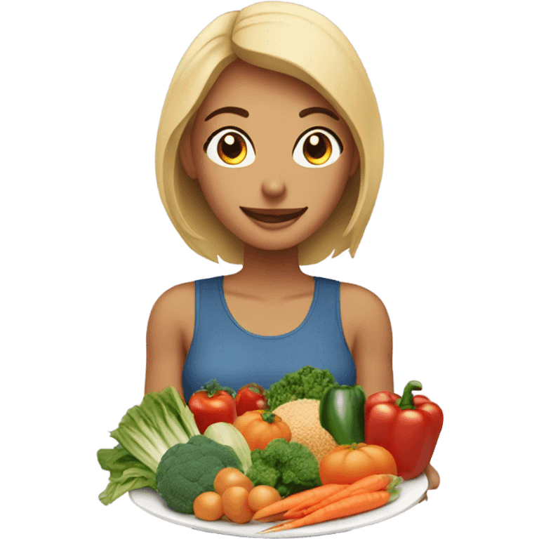 a woman looks at a plate of healthy food emoji