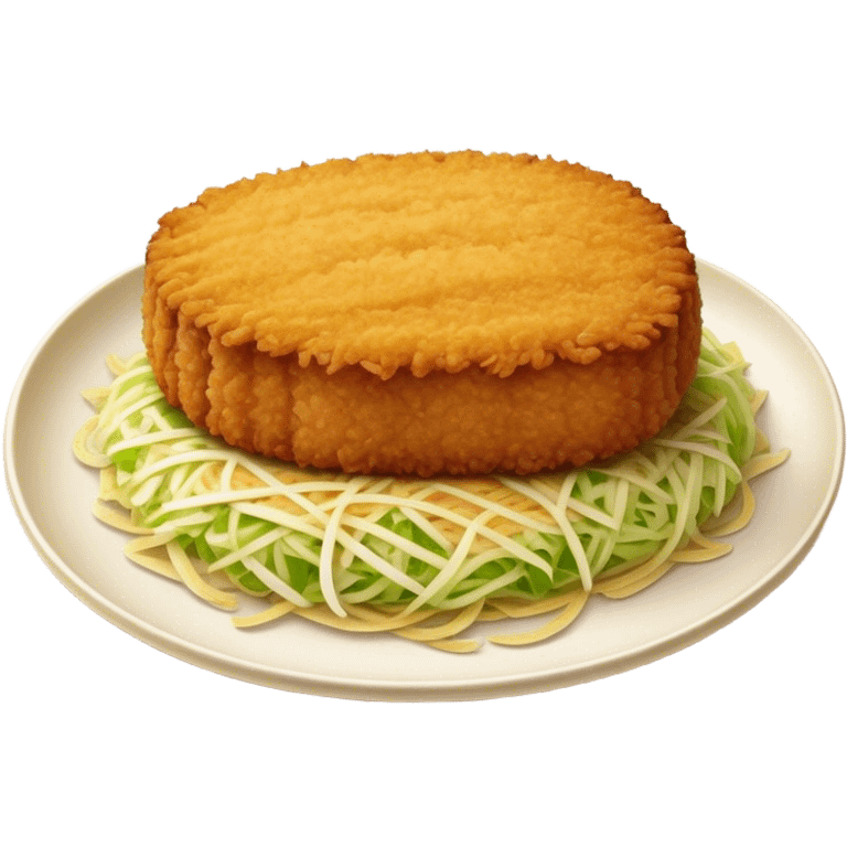 Cinematic Realistic Tonkatsu Dish Emoji, featuring a golden, breaded pork cutlet served with shredded cabbage rendered with rich textures and vibrant, dynamic lighting. emoji