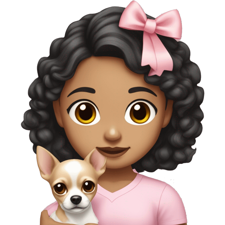 Hispanic girl medium black wavy hair wearing a light pink shirt holding a white and tan chihuahua with a pink bow  emoji