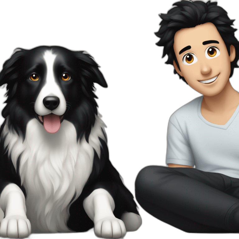 aa family photo of a 30 year old boy with long black hair next to a black and white border collie emoji