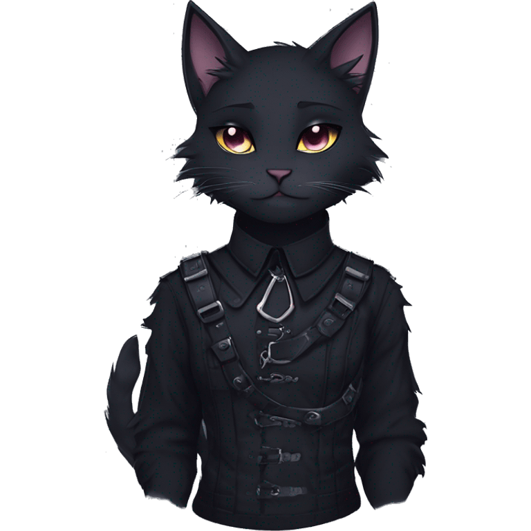 Gorgeous furry gothic dark techwear anime style anthro black cat furry sona with blushing face aesthetic and pretty edgy black with collar and harness trending style emoji