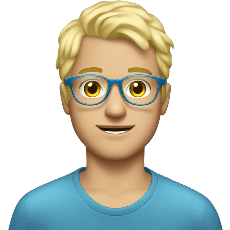 my boyfriend with blond hair 2 silver chain a blue long sleeve and transparent glasses a light yellow  emoji