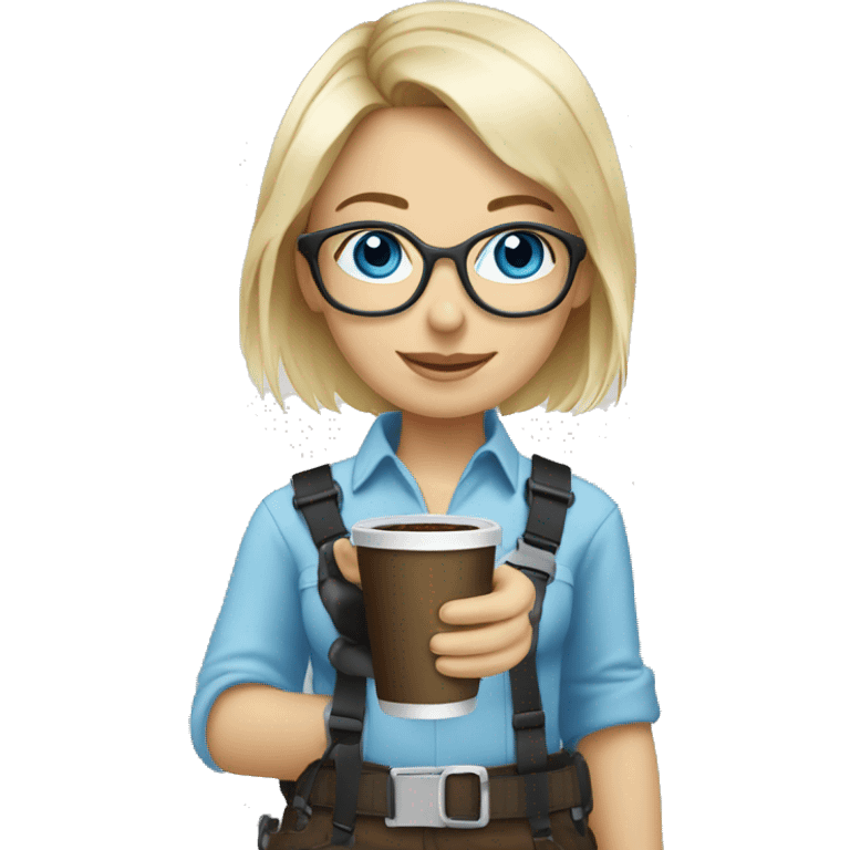 Blond girl with blue eyes and glasses drinking coffee wearing a harness and steel toe boots emoji