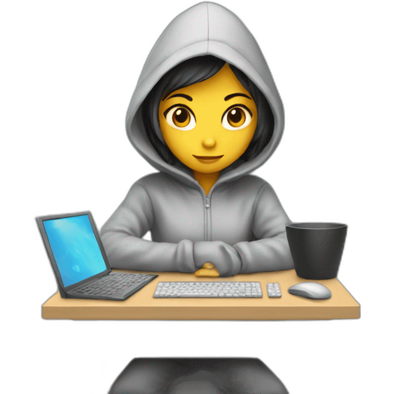 Young girl with a hood behind his computer and focus on his code  emoji