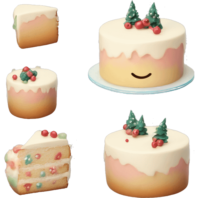 Emoji of a New Year's cake with delicate cream and minimalistic decorations (for example, a few berries or small Christmas tree toys). Warm pastel shades, clean lines emoji