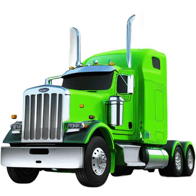 neon green peterbilt semi truck lowered on the ground with large chrome wheels and chrome smoke stacks emoji