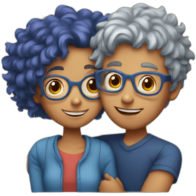 a girl with red curly hair and blue glasses hugging a boy with gray hair emoji