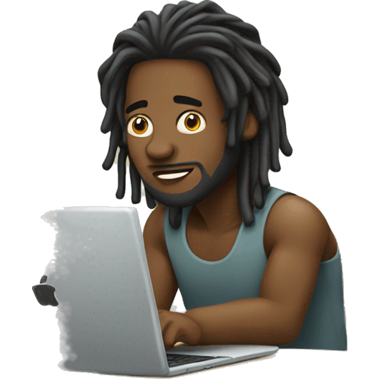 Black guy with dreads  sitting down on chair facing right-hand sided focused on laptop computer  emoji