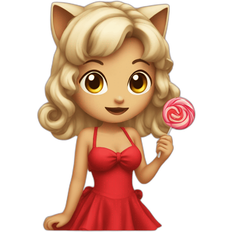 Catgirl wearing a red dress eating lollipop emoji