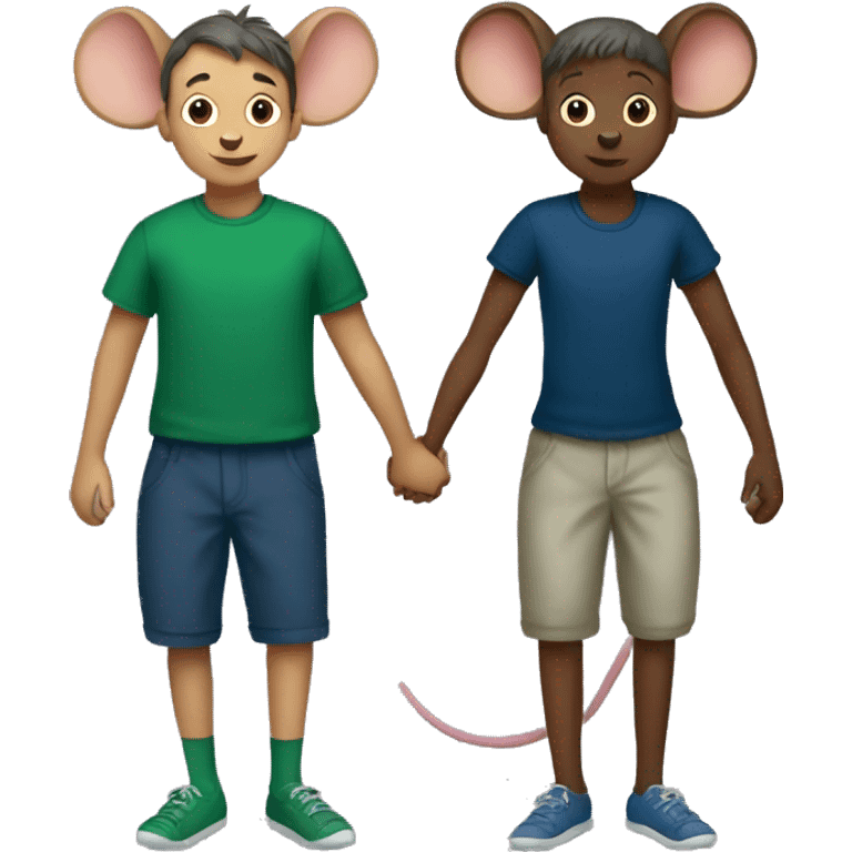 Two mice hold hands. one (boy) wears a dark blue T-shirt, the other (girl) wears a green leotard. no pants.  emoji