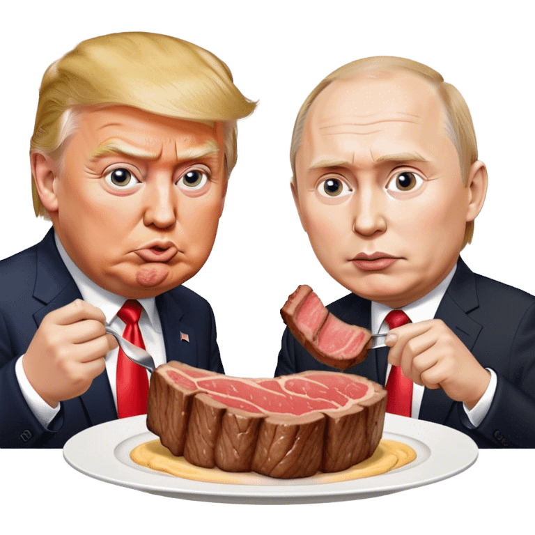 photorealistic Donald Trump and Putin eating a steak shaped like an piece of land emoji