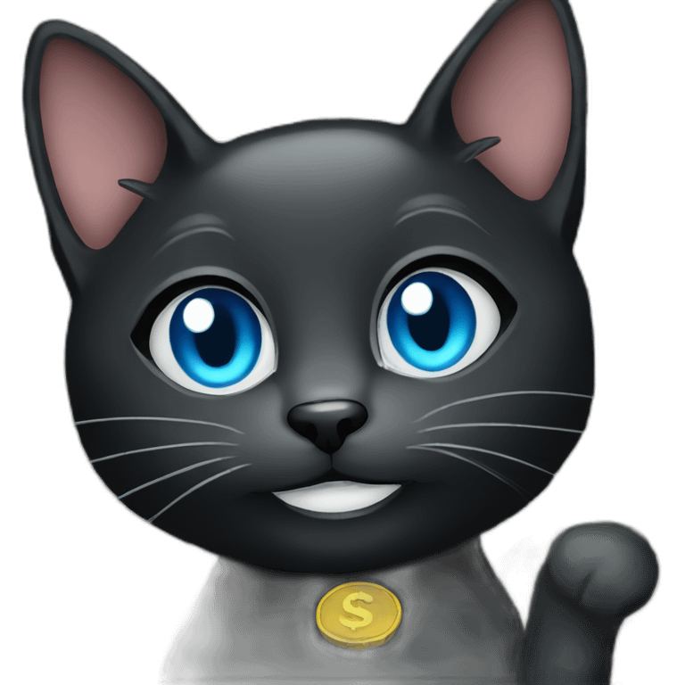 a black cat with blue eyes smiles and holds a lot of dollars emoji