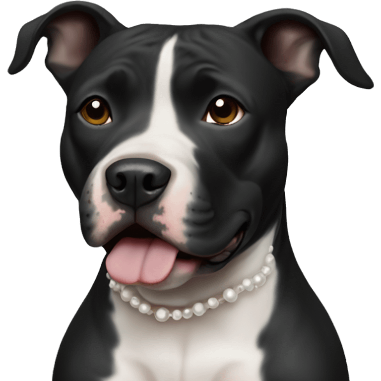 black pitbull female that has a black nose and face with white chest wearing pearls facing forward emoji