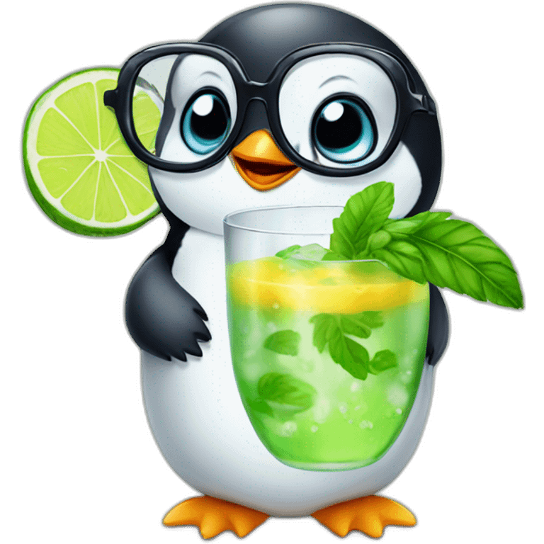 baby penguin with big glasses drinking mojito emoji