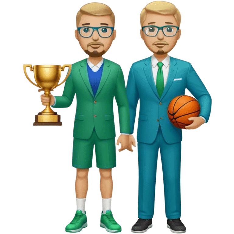 Full Body white plus size man  wearing glasses with a goatee with dirty blond short hair basketball head Coach in blue and green suit holding trophy emoji