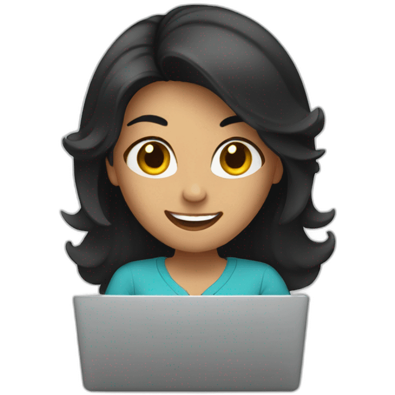 excited woman black hair working laptop emoji