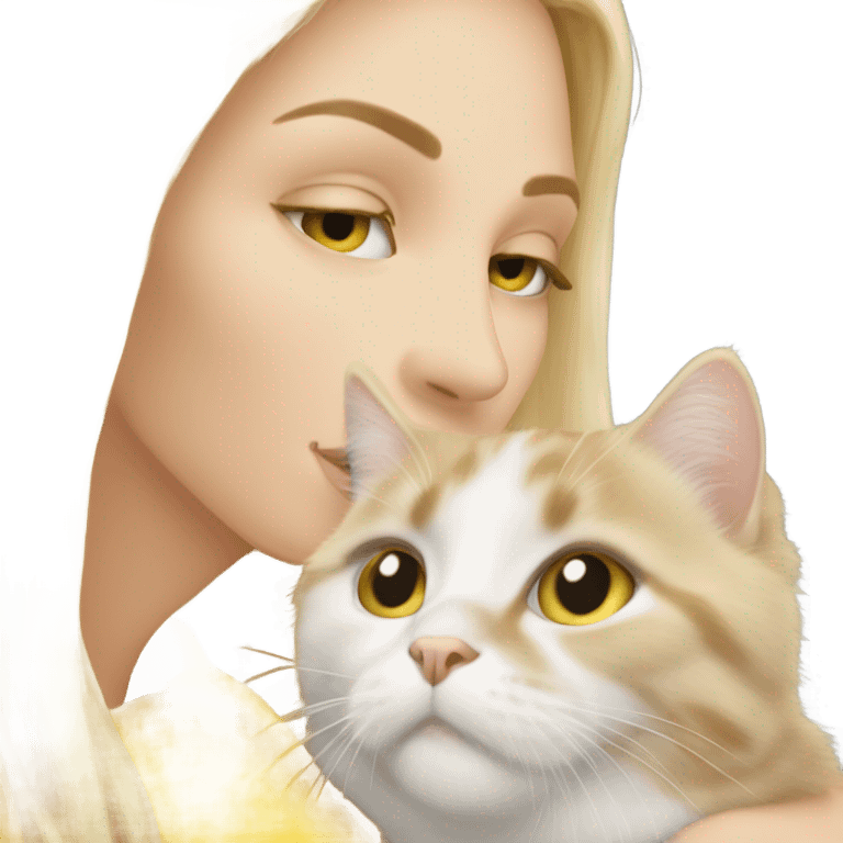 Pretty long blonde haired woman with gray eyes kissing yellow and white cat emoji