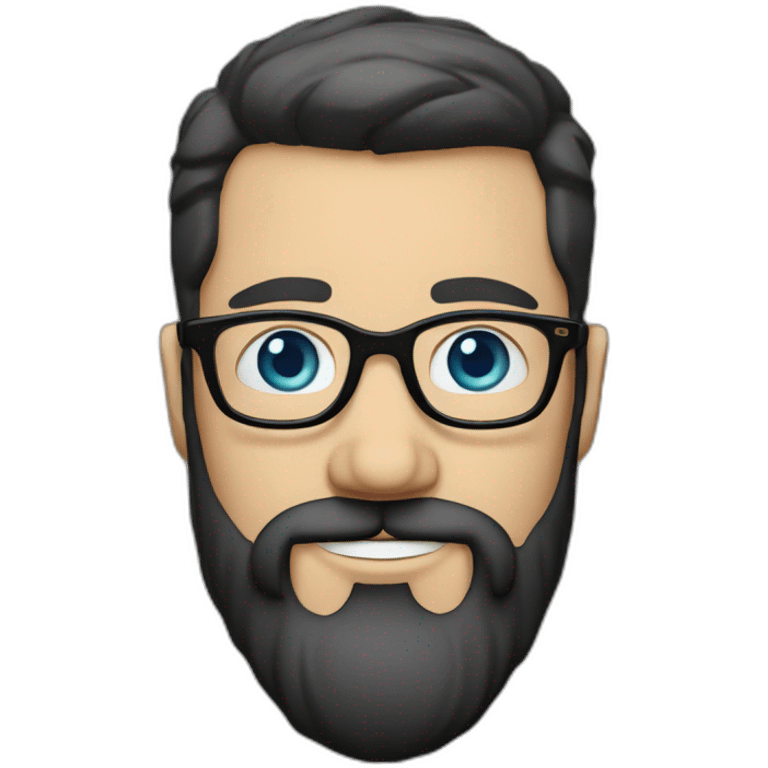 White man with blue eyes and dark brown hair, styled sideways backwards. He has a beard and mustache trimmed and wears a black t-shirt and vintage glasses. emoji