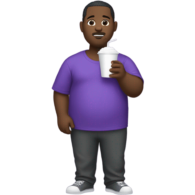 Obese black man wearing a purple jumpsuit suit while holding a white styrofoam cup with grape soda emoji