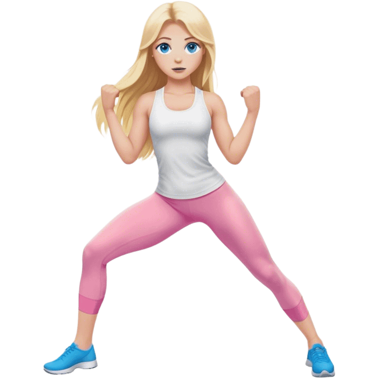 A cinematically realistic blonde with long hair and blue eyes, dressed in a white top and pink leggings, does a sports exercise called lunges emoji