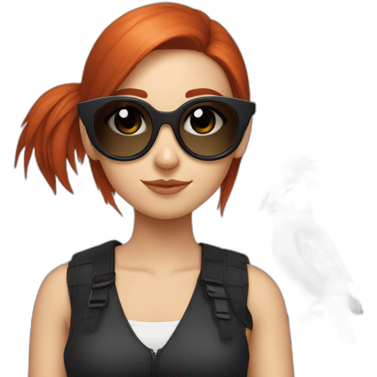 Bad Redhead girl bun Sun glass bun and wearing black with a cockatiel in the shoulder emoji