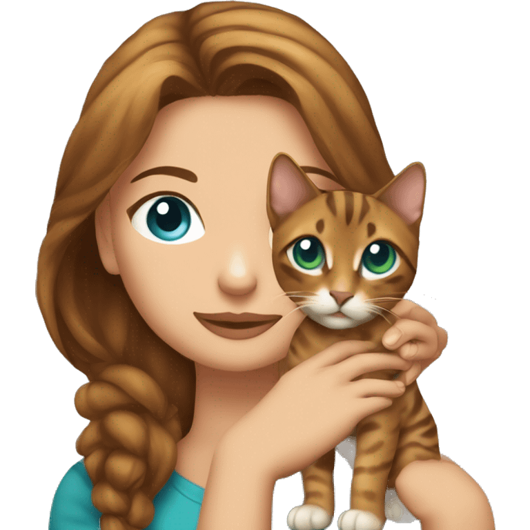 a beautiful girl with green eyes and brown hair is holding a Bengal cat with blue eyes in her arms emoji