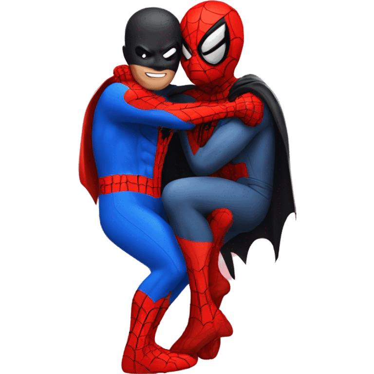 spiderman and batman hugging with hearts around them emoji