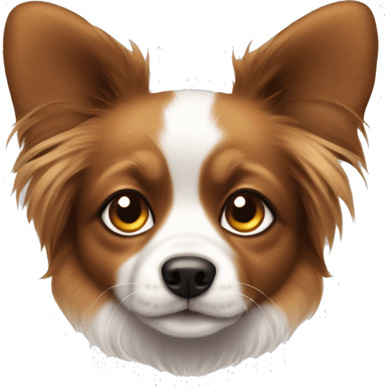 White and brown dog with honey-colored eyes and furry ears, papillon, puppy emoji