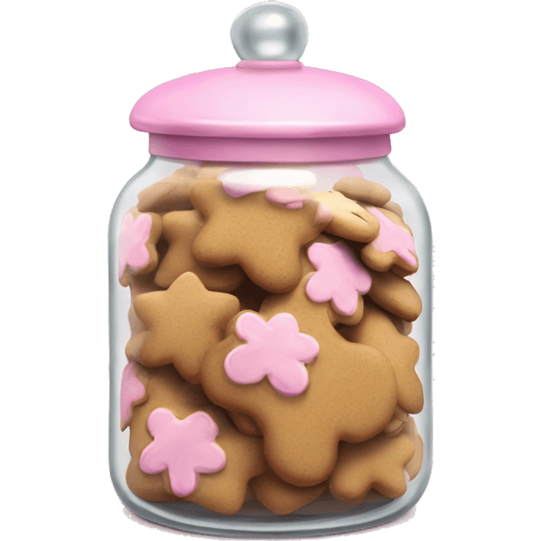 Realistic glass cookie jar with light pink lid full of gingerbread cookies isolated.  emoji