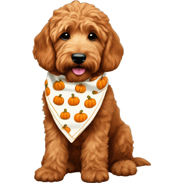 mini red goldendoodle wearing cream bandana with pumpkins on it emoji