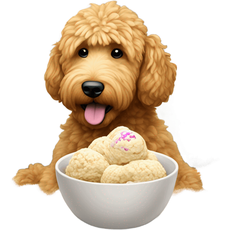 Golden doodle eating ice cream on the couch outside in the snow emoji