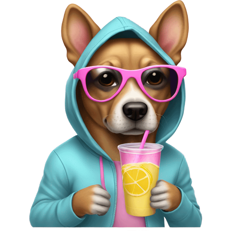 dog wearing a hoodie with pink sunglasses drinking lemonade emoji