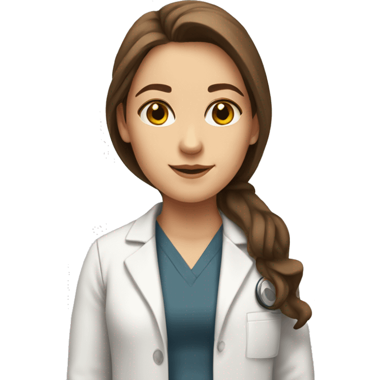 White Girl with long brown hair and brown eyes in a lab coat emoji