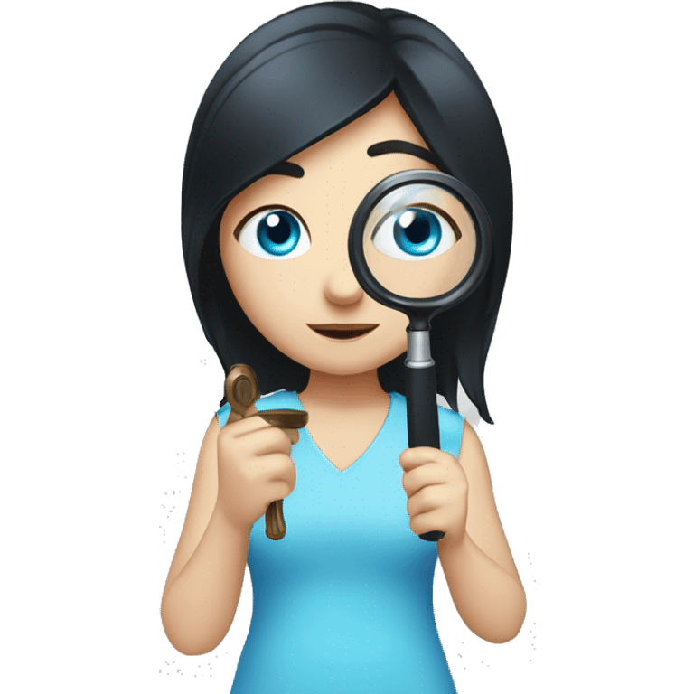 white girl with black hair and blue eyes playing with magnifying glass emoji